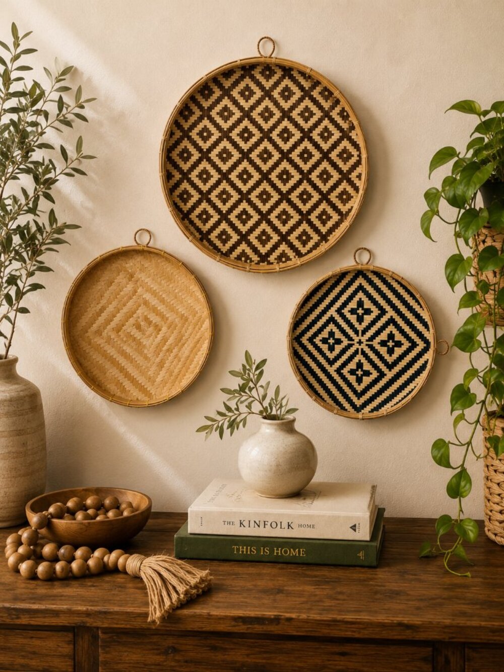Set of 3 Handwoven Bamboo Wall Baskets Trays Boho Tribal Farmhouse Decor